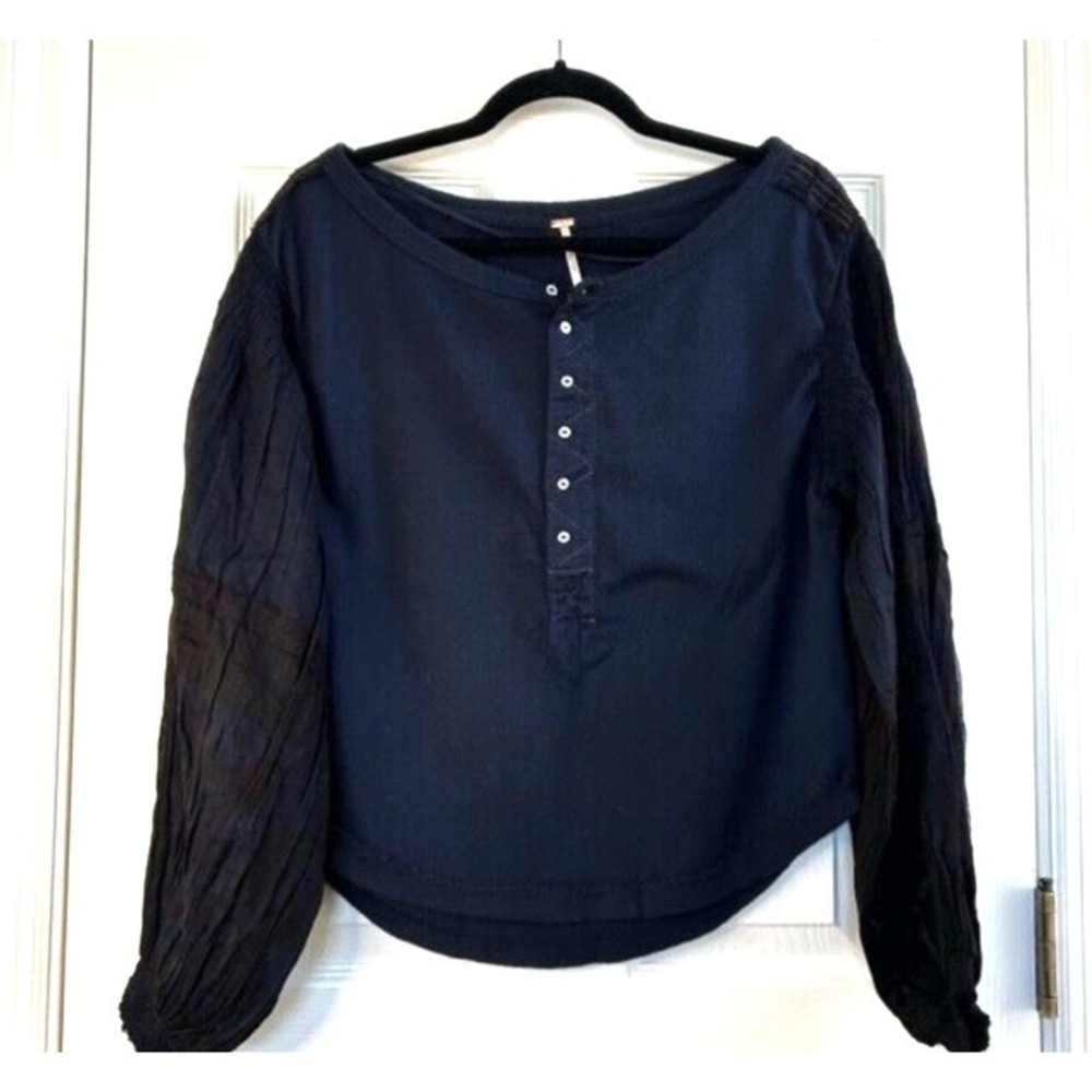 Free People Top Women's Henley Long Balloon Sleeve Shirt Size XS Blue Boho